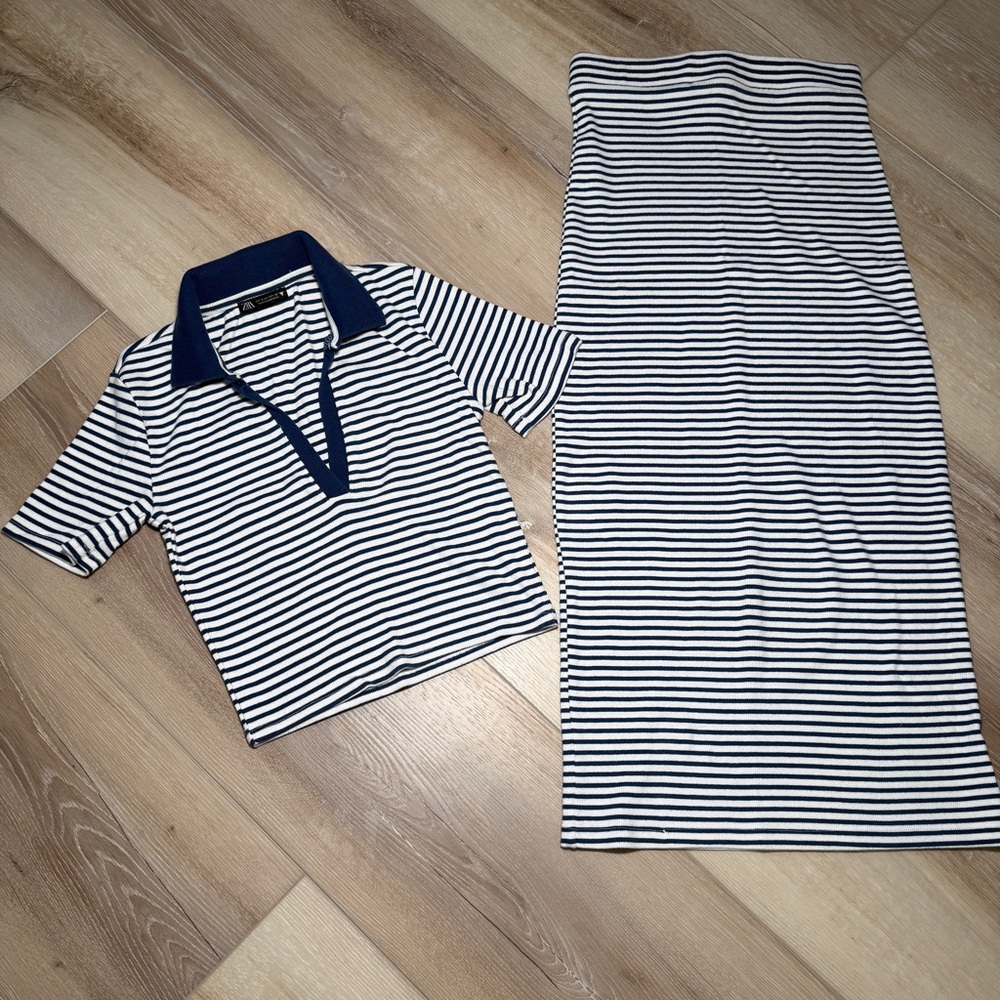 Zara Navy and White Striped Top And Skirt Set